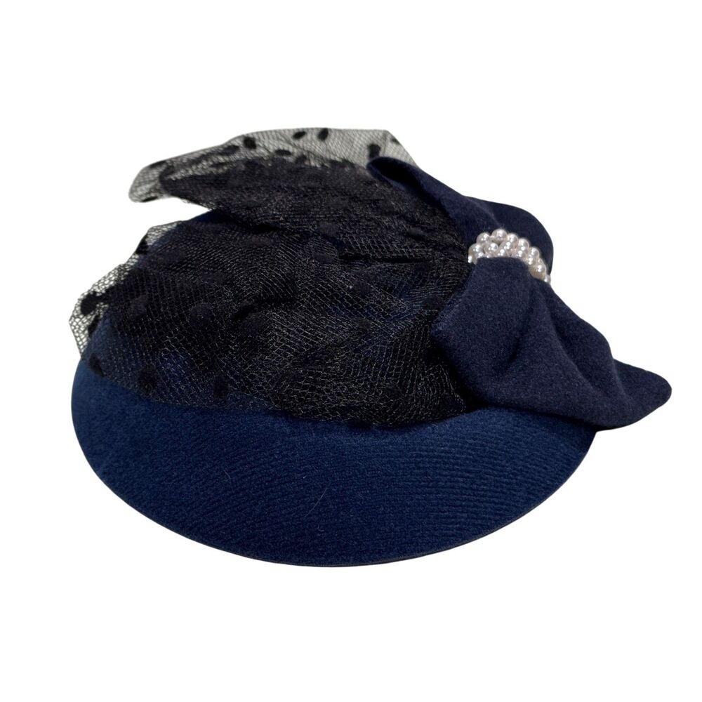 Rehoty Pillbox Fascinator Navy Blue Veil Bow Pearl Hair Clip Wedding Church Prom